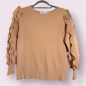 Sioni Blush Apricot Ruffle Sleeve Scoop Neck Sweater Small
